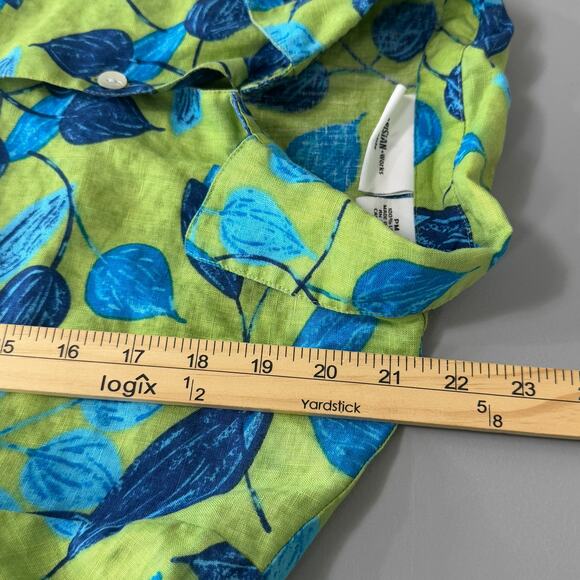 Parisian Works Womens Button Up Blouse Size Petite Medium Green Blue 100% Linen - Picture 10 of 12